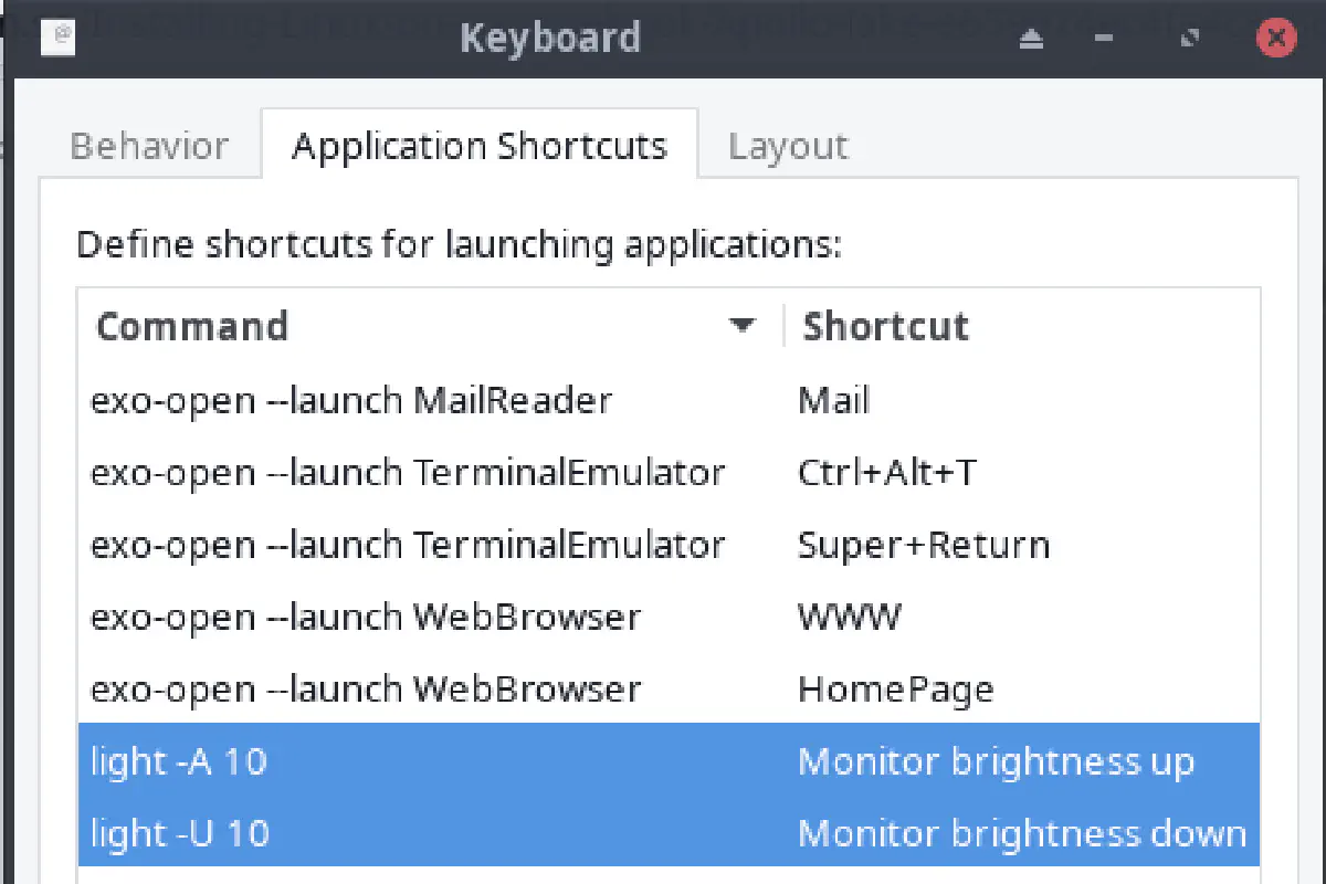 XFCE keybinding settings