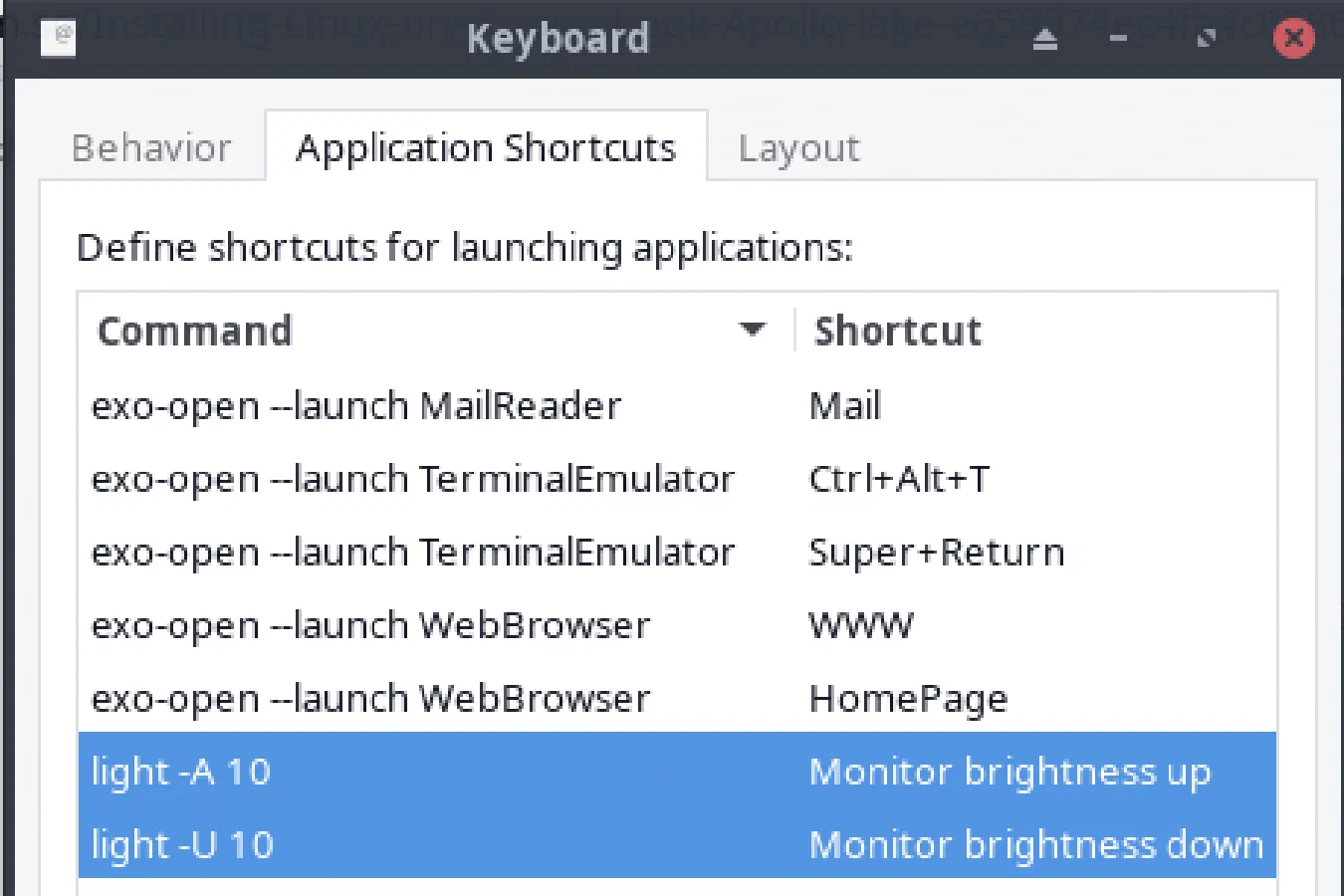 XFCE keybinding settings