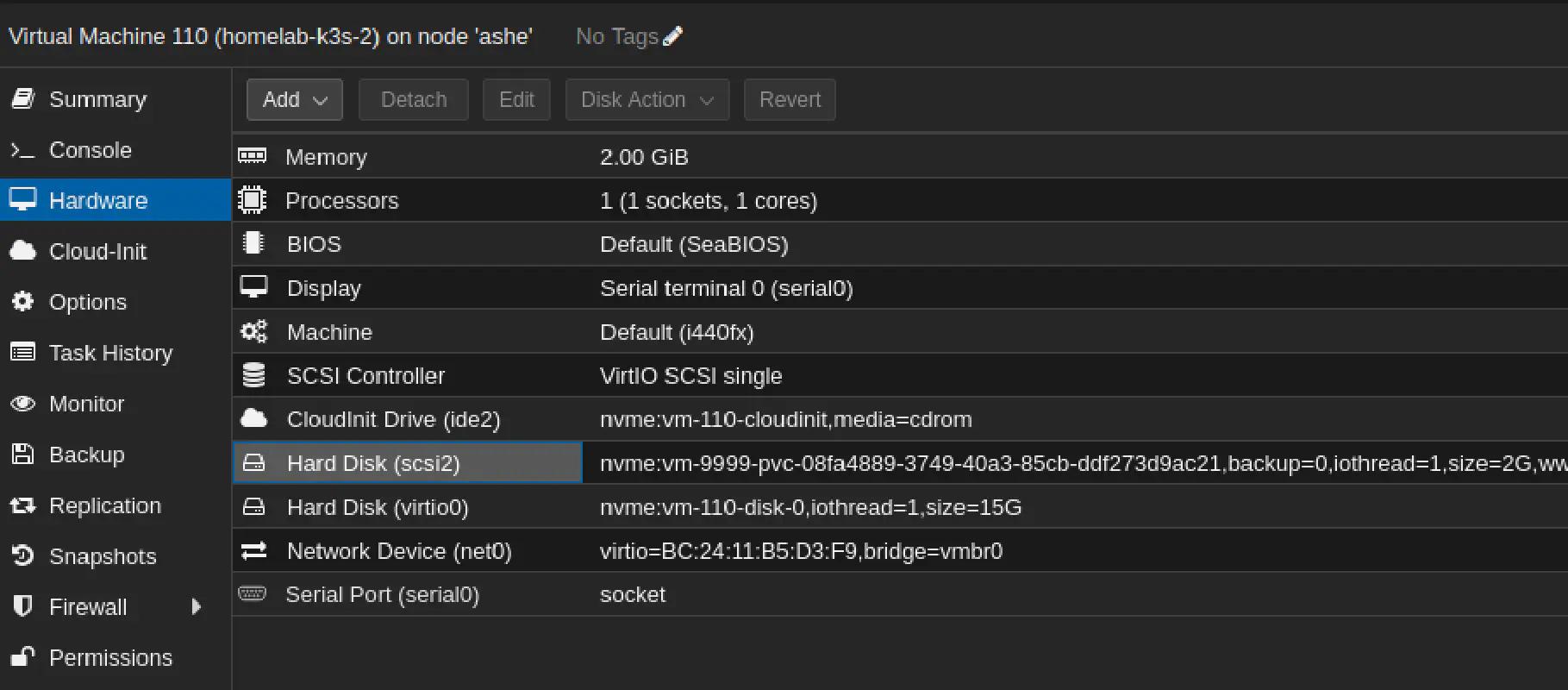 Screenshot of Proxmox WebUI, showing hardware specification of one of kubernetes nodes with PVC attached