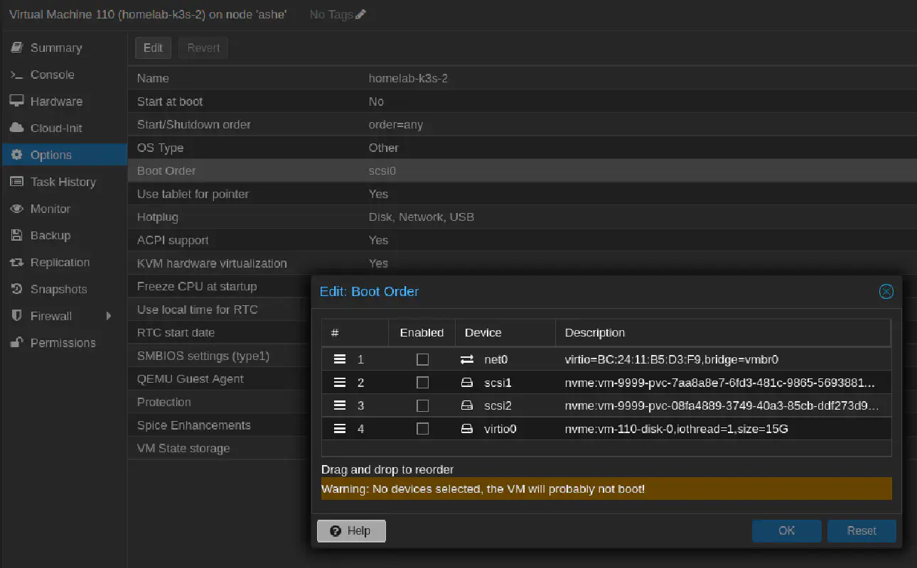 Screenshot of Proxmox WebUI, showing virtual machine hard drive boot order