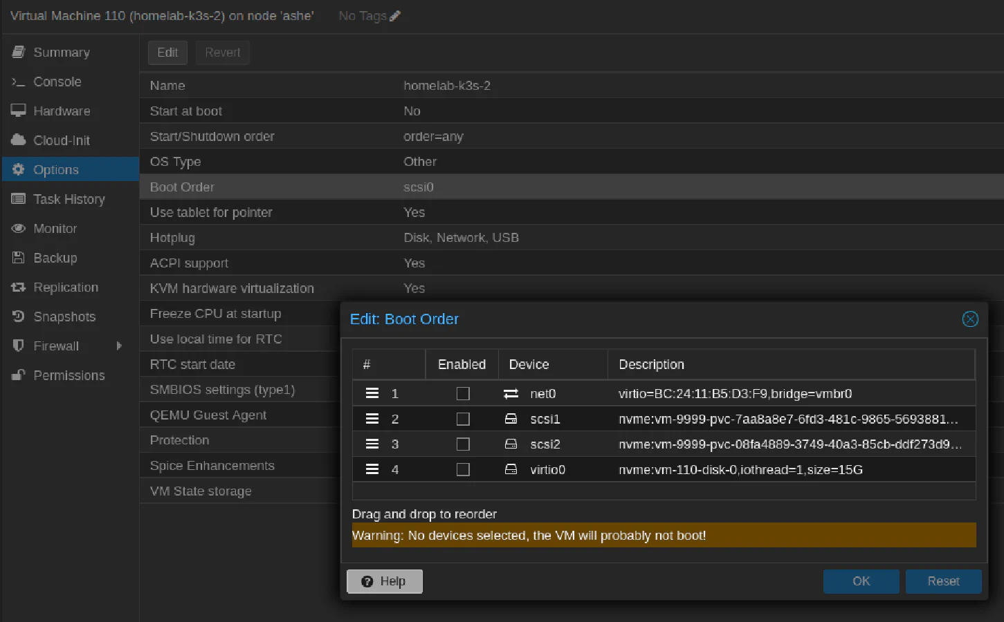 Screenshot of Proxmox WebUI, showing virtual machine hard drive boot order