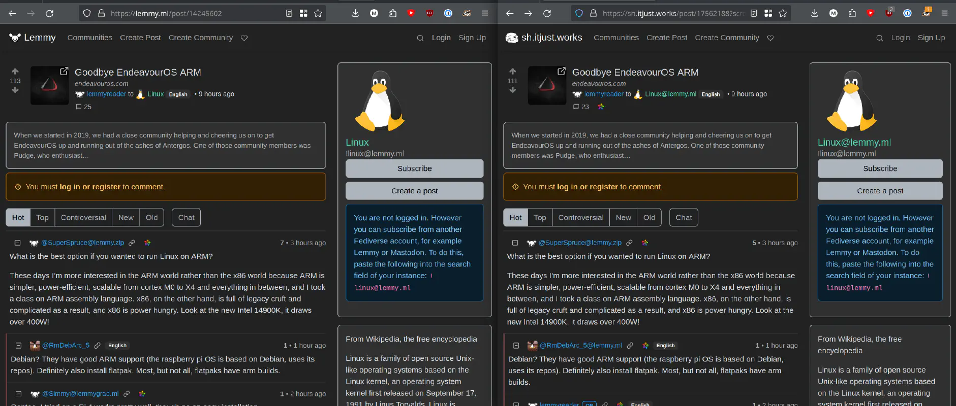 screenshot showing the same post on lemmy.ml and sh.itjust.works