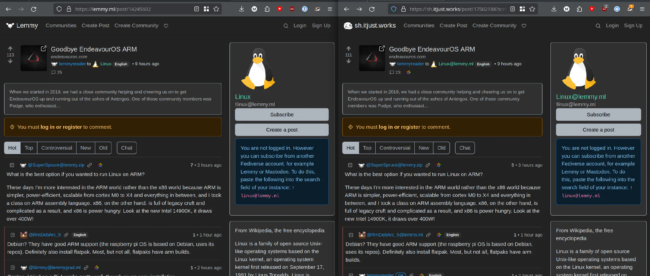 screenshot showing the same post on lemmy.ml and sh.itjust.works
