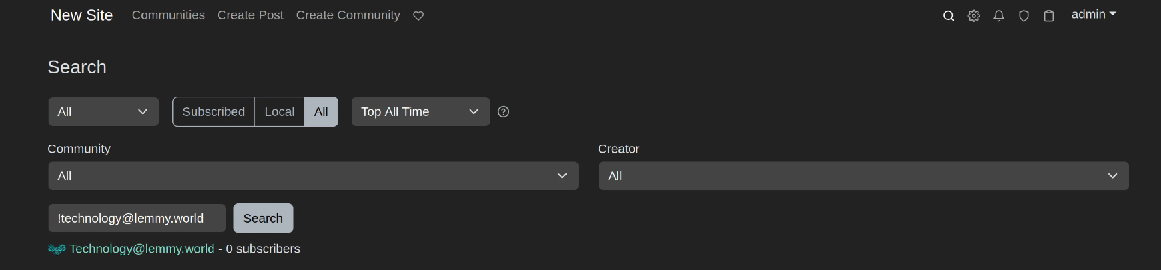 screenshot showing search screen of lemmy instance, in search result showing Technology community from lemmy.world instance