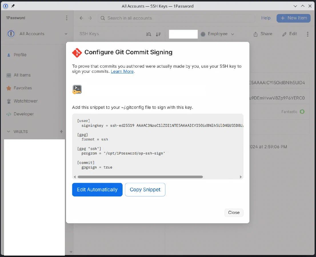 Screenshot showing 1Password window, with opened &lsquo;configure commit signing&rsquo; popup, showcasing that the automatic default config is still using the old /opt path instead of the new one