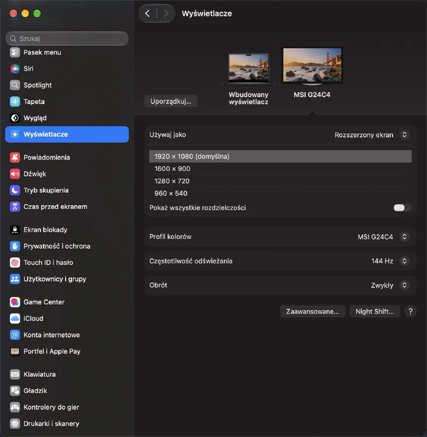 screenshot of macos displays setting showing that 1080p screen is detected and working correctly at 144hz